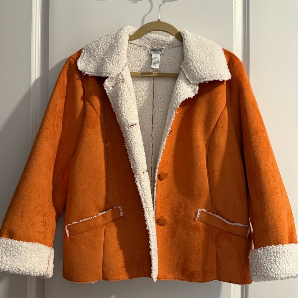 Chico's Orange Faux Suede Jacket with Cream Sherpa Lining